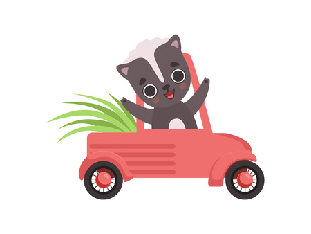 Cute Little Skunk Driving a Car, Adorable Baby Animal Cartoon Character Vector Illustrationのイラスト素材