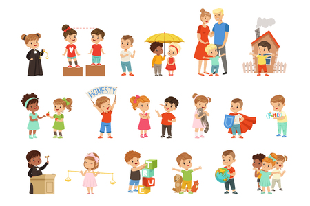 Cute little children protecting their family, friends, animals and the planet set vector Illustrations isolated on a white background.のイラスト素材