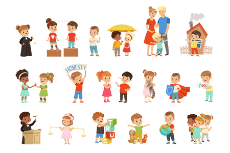 Cute little children protecting their family, friends, animals and the planet set vector Illustrations isolated on a white background.