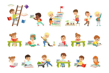 Smart little kids reading books set, cute preschool children learning and studying vector Illustrations isolated on a white background.のイラスト素材