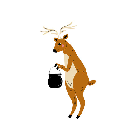 Deer Standing on Two Legs with Cauldron, Animal Character Having Hiking Adventure Travel or Camping Trip Vector Illustration on White Background.のイラスト素材