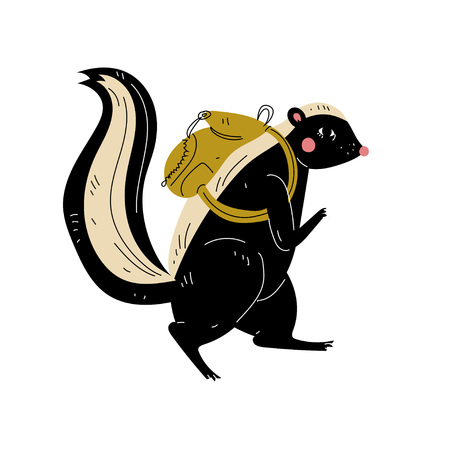 Skunk Walking with Backpack, Animal Character Having Hiking Adventure Travel or Camping Trip Vector Illustration on White Background.のイラスト素材