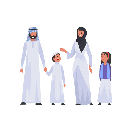 Happy Arab Family in National Clothes, Muslim Parents and Two Children Vector Illustrationのイラスト素材