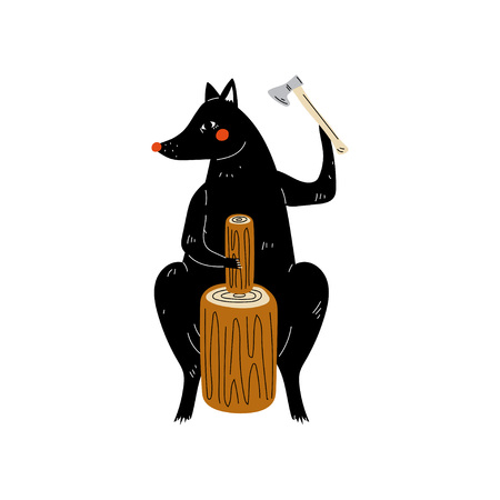 Wolf Chopping Wood with Ax, Animal Character Having Hiking Adventure Travel or Camping Trip Vector Illustration on White Background.のイラスト素材