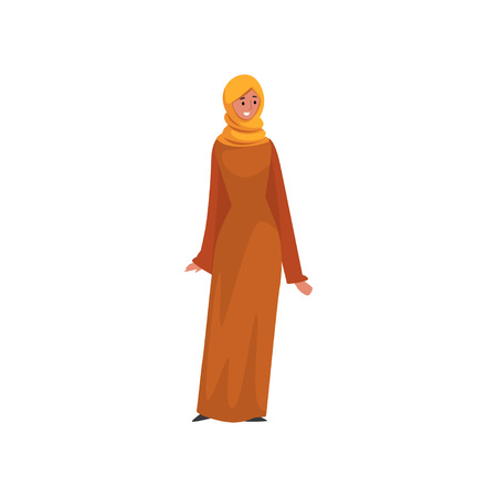 Beautiful Muslim Woman in Orange Dress and Hijab, Arab Girl in Traditional Clothes Vector Illustration Vector Illustrationのイラスト素材