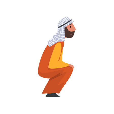 Arab Man in Traditional Muslim Clothes Squatting Vector Illustrationのイラスト素材