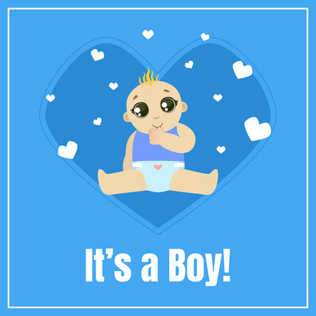 Baby Boy Shower Invitation Template, Blue Card with Cute Toddler Baby and Place For Your Text Vector Illustration, Cartoon Styleのイラスト素材