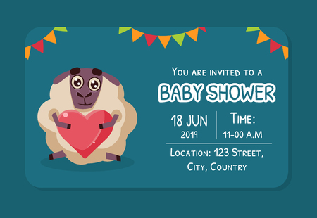 Baby Shower Invitation Template, Card with Cute Sheep and Place For Your Text, Gender Neutral Vector Illustration, Cartoon Styleのイラスト素材