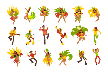 People dancing and playing music, Brazil carnival, dancing men and women in bright costumes vector Illustrations on a white backgroundの販売画像