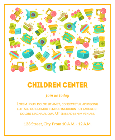 Children Center Banner Template with Cute Baby Toys and Place for Text, Design Element Can Be Used for Landing Page, Mobile App, Flyer, Gift Card Vector Illustrationのイラスト素材