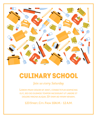 Culinary School Banner Template, Invitation Card with Place for Text and Kitchen Utensils for Food Preparation Vector Illustration, Flat Styleのイラスト素材