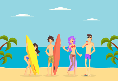 Happy People Standing with Surfboards on Tropical Beach, Young Men and Girls on Summer Vacation, Beach Activities Vector Illustration in Flat Style.のイラスト素材
