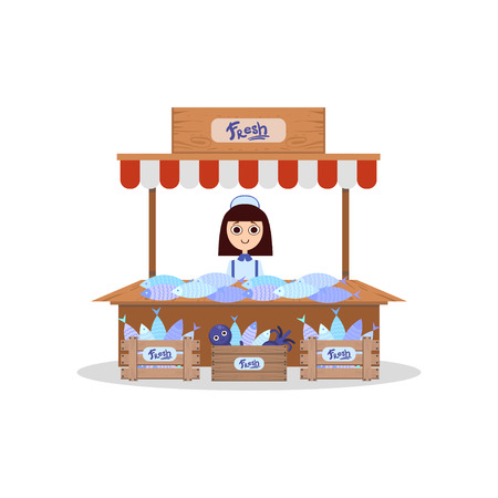 Wooden Stall with Freshness Seafood, Young Woman Selling Fresh Fish Vector Illustration on White Background.のイラスト素材