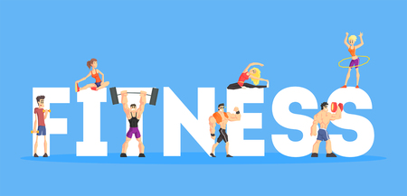 Fitness Banner Template, People Doing Diversity Exercises, Design Element Can Be Used for Landing Page, Mobile App, Wallpaper Vector Illustration in Flat Style.のイラスト素材