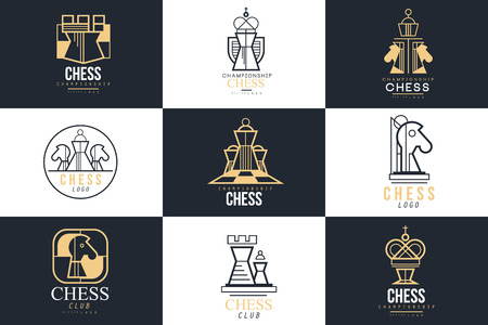 Chess logo set, design element for championship, tournament, chess club, business card, vlack and white vector Illustrationのイラスト素材