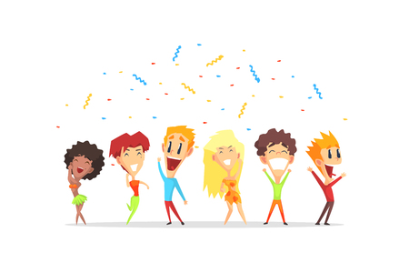 Happy Smiling People, Young Men and Women Having Fun at Party Cartoon Vector Illustration on White Background.のイラスト素材