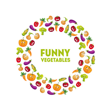 Funny Vegetables Banner Template Round Frame, Design Element can Be Used for Grocery Shop Label, Cafe Menu, Food Packaging Vector Illustration on White Background.のイラスト素材
