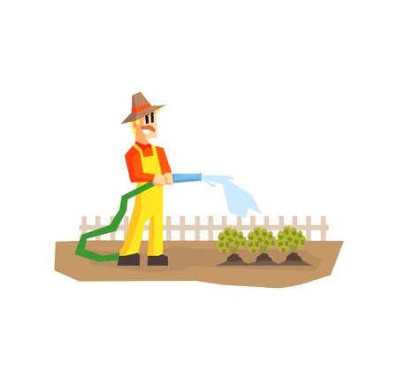 Man Watering Plants with Hose, Farmer Working in Garden or Farm Vector Illustration on White Background.のイラスト素材
