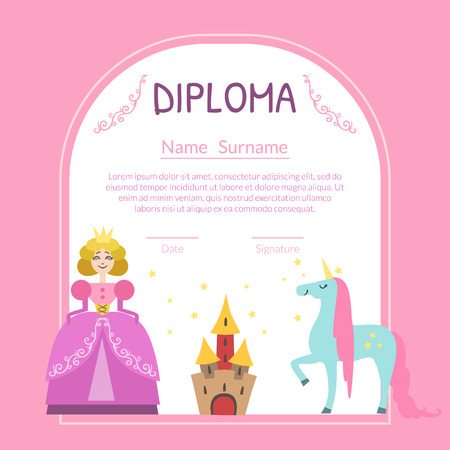 Cute Diploma Template for Girls with Place For Your Text, Preschool, Kindergarten Children Certificate with Princess, Castle and Unicorn Vector Illustrationのイラスト素材