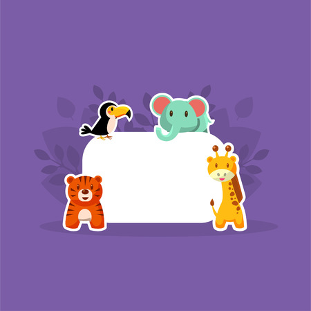 Cute Animals Showing Empty Banner, Toucan, Elephant, Tiger, Giraffe Stickers with White Blank Signboard Vector Illustration, Web Designのイラスト素材