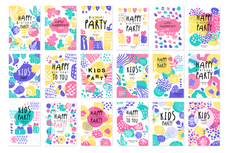 Happy birthday party original design posters set, templates for placard, invitation, poster, card, flyer vector Illustrations, web designのイラスト素材
