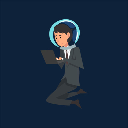Businessman in Suit and Astronaut Helmet Flying in Outer Space or Internet Space with Laptop Computer, Business Development Strategy, Leadership Vector Illustrationのイラスト素材
