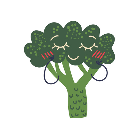 Cute Broccoli with Smiling Face, Adorable Funny Vegetable Cartoon Character Vector Illustration on White Background.のイラスト素材