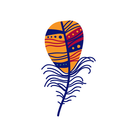 Colored Bird Feather Painted in Colorful Patterns, Decoration Element Vector Illustration on White Background.のイラスト素材