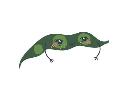 Cute Green Bean Pod with Funny Face, Adorable Vegetable Cartoon Character Vector Illustration on White Background.のイラスト素材
