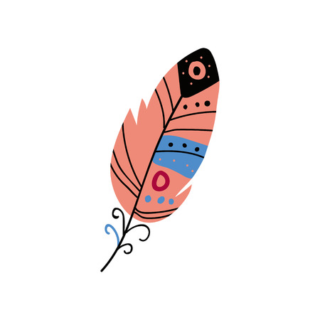 Colored Bright Bird Feather, Beautiful Decoration Element Vector Illustration on White Background.のイラスト素材