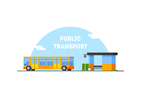 City Public Transport Banner Template, Bus Stop and Moving Bus Vector Illustration in Flat Style.のイラスト素材
