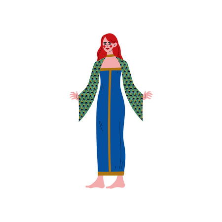 Beautiful Young Redhead Woman Wearing Elegant Dress with Pattern of Peacock Feathers on Sleeves Vector Illustration on White Background.のイラスト素材
