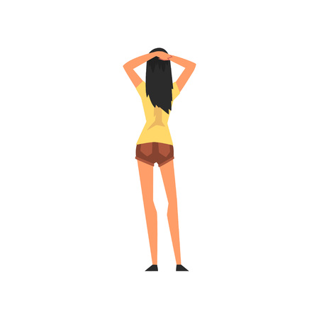 Girl Listening to Music Throwing Hands Behind the Head at Open Air Concert, Rock Fest, Outdoor Summer Music Festival, View From the Back Vector Illustration on White Background.のイラスト素材