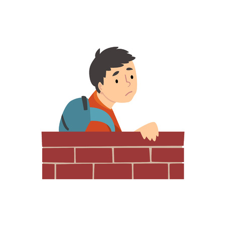 Teen Boy with Backpack Standing Behind Brick Wall Cartoon Vector Illustration on White Background.のイラスト素材