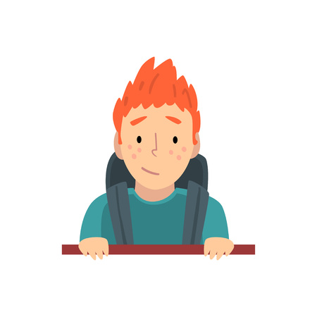 Teen Boy Looking Out from Behind Brick Wall Cartoon Vector Illustration on White Background.のイラスト素材