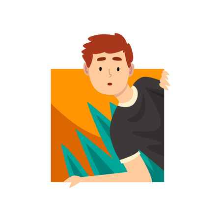 Curious Young Man Looking Out Square Shape Cartoon Vector Illustration on White Background.のイラスト素材