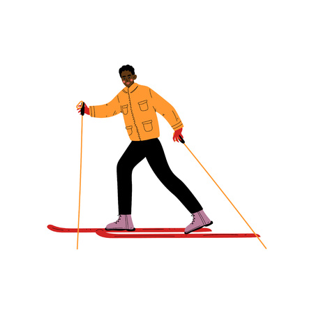 Man on Skis, Male African American Athlete Character Skiing, Winter Sport, Active Healthy Lifestyle Vector Illustration on White Background.のイラスト素材