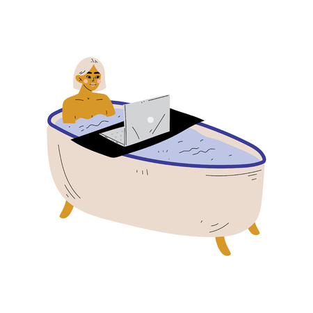 Beautifu Girl Using Laptop Computer While Taking Bath Vector Illustration on White Background.のイラスト素材