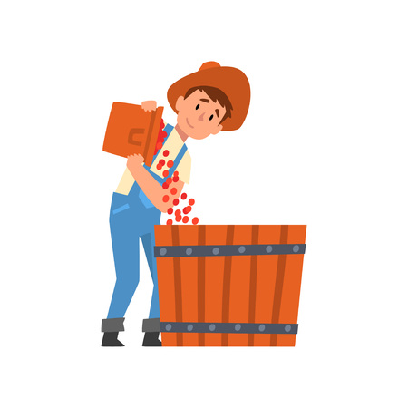 Male Farmer Pouring Coffee Beans into Large Basket, Coffee Harvesting, Industry Production Stage Vector Illustration on White Background.のイラスト素材