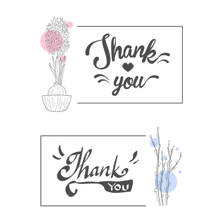 Thank You Handwritten Inscription, Elegant Cards with Flowers, Design Element Can Be Used for Gift or Greeting Card, Invitation, Flyer, Banner Hand Drawn Vector Illustrationのイラスト素材
