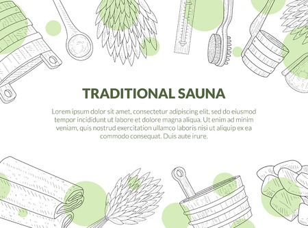 Traditional Sauna Poster, Banner with Place for Text and Hand Drawn Bath Accessories, Birch Broom, Bucket, Towel, Brush, Thermometer Vector Illustrationのイラスト素材
