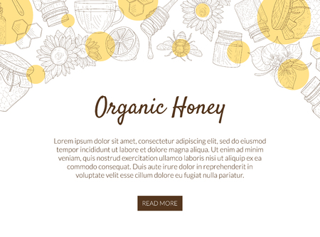 Organic Honey Production Banner Template with Pattern and Place for Text, Natural Sweet Healthy Food, Design Element Can Be Used for Mobile Website, Landing Page Vector Illustrationのイラスト素材
