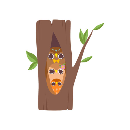 Happy Family of Owls Sitting in Hollow of Tree, Father, Mother and Their Owlet, Cute Cartoon Birds Characters Vector Illustration on White Background.のイラスト素材