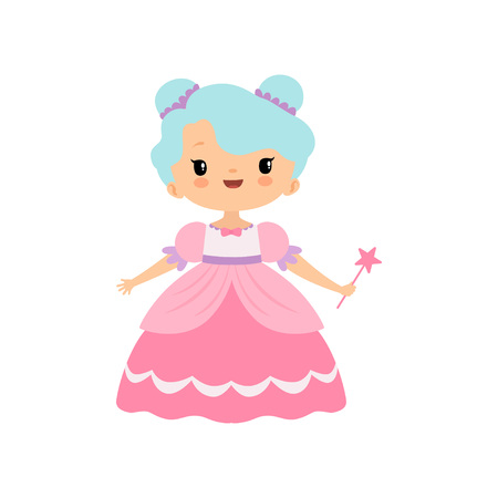 Cute Little Fairytale Princess Girl in Pink Dress with Magic Wand Cartoon Vector Illustration on White Background.のイラスト素材