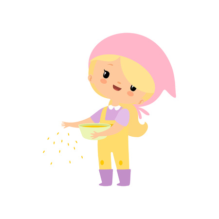 Cute Young Girl in Overalls and Rubber Boots Feeding Poultry with Grain, Farmer Girl Cartoon Character Vector Illustration on White Background.のイラスト素材