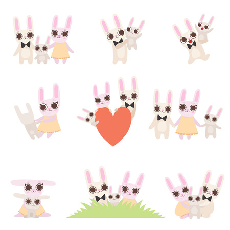 Family of Bunnies Set, Father, Mother and Baby Rabbits Spending Time Together, Cute Cartoon Hares Characters Vector Illustrationのイラスト素材