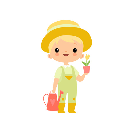 Cute Boy in Overalls, Rubber Boots and Hat with Watering Can and Flower Pot, Young Farmer Cartoon Character Engaged in Agricultural Activities Vector Illustrationのイラスト素材