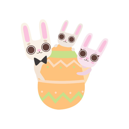 Happy Family of Bunnies with Easter Egg, Father, Mother and Baby Rabbits, Cute Cartoon Hares Characters Vector Illustration on White Background.のイラスト素材