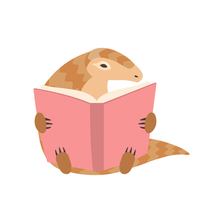Cute Pangolin Cartoon Character Sitting and Reading Book, Rare Species of Animals Vector Illustration on White Background.のイラスト素材