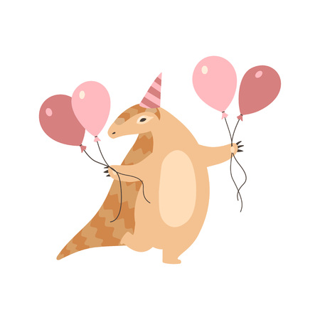 Cute Pangolin Cartoon Character in Party Hat with Pink Balloons, Rare Species of Animals Vector Illustrationのイラスト素材